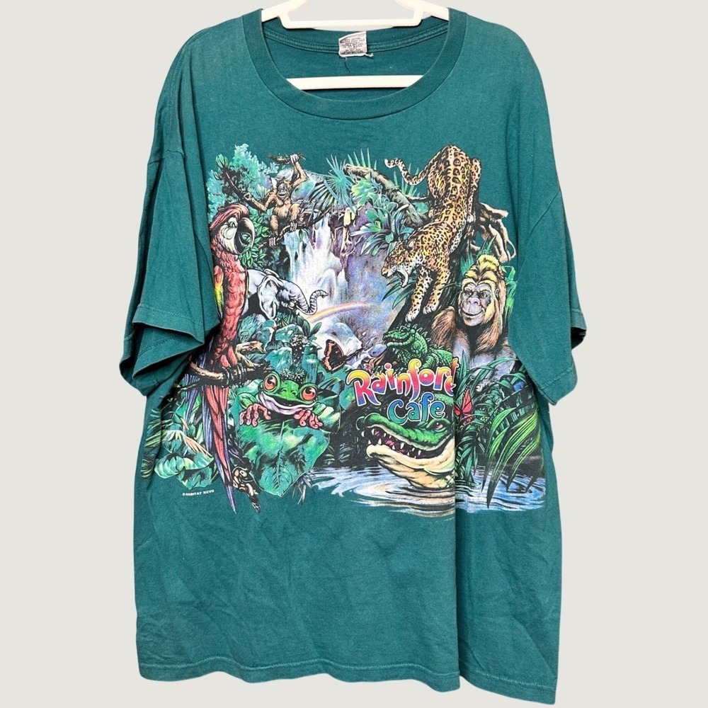 VTG Rare 90s Rainforest Cafe AOP Graphic T-Shirt XXL Green USA Made Rare Animal